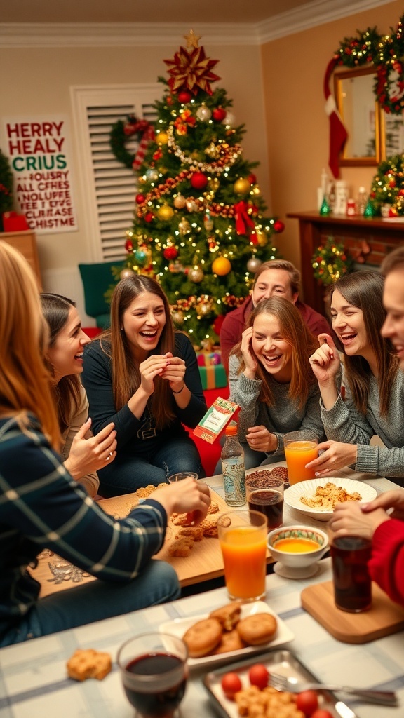 Friends enjoying Christmas games together in a festive setting.